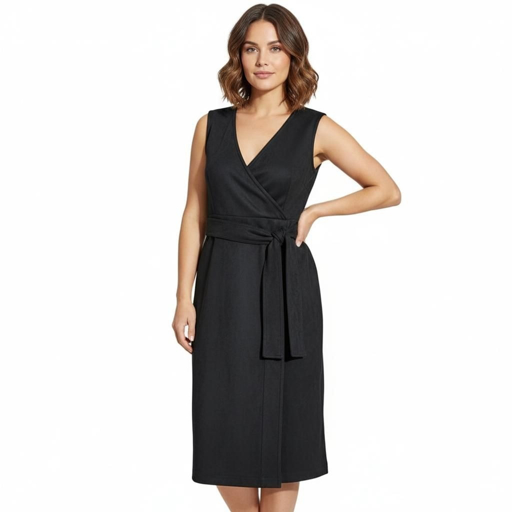 Ann Taylor Petite Black Faux Suede Wrap Midi Dress Size 10 Petite